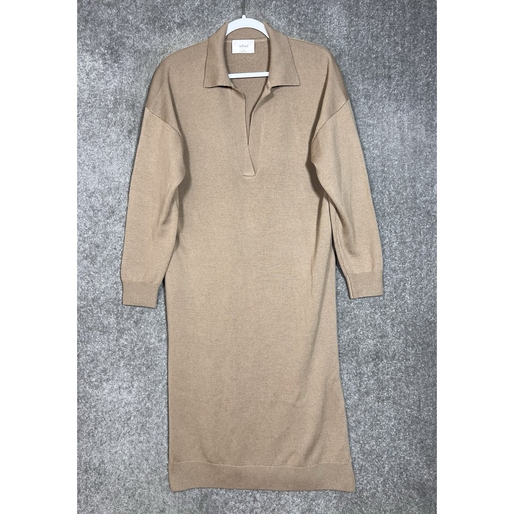 Wilfred Shayda Merino Wool Midi Sweater Dress Womens Sz Medium Brown Knit Collar